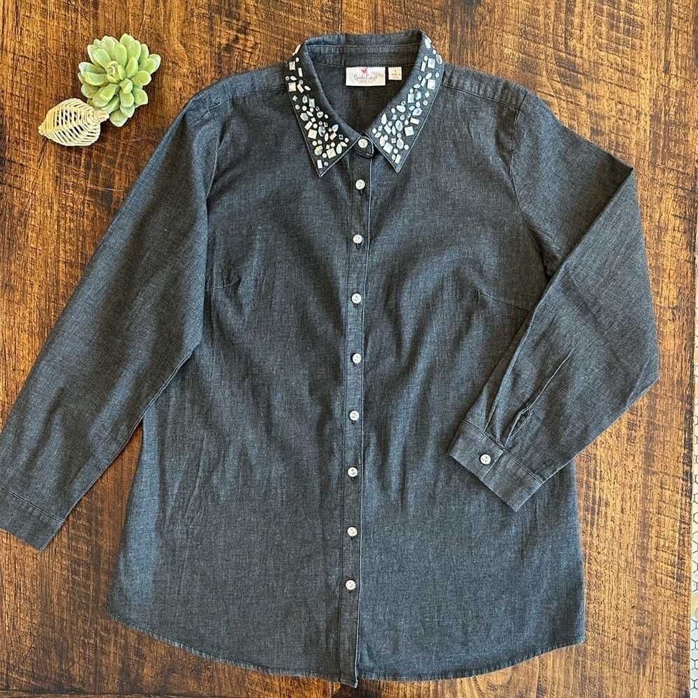 Quacker Factory | Embellished Rhinestone Collar Gray Denim Shirt, Size L